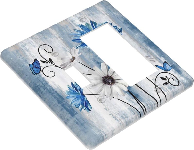 Sghxwp Rustic Teal Blue Daisy Floral 2 Gang Single Toggle Rocker Combination Light Switch Covers Wall Plate Cover Electrical Faceplate Decorative Switchplate for Country Bathroom Bedroom Kitchen Decor - Image 3